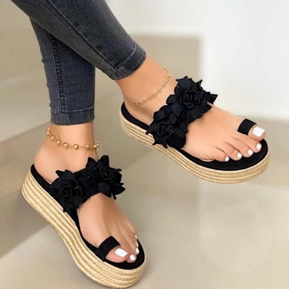 Black faux suede floral platform wedge